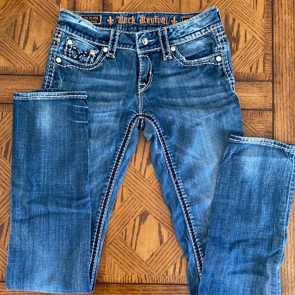 Rock Revival women’s blue denim straight leg jeans, size 28